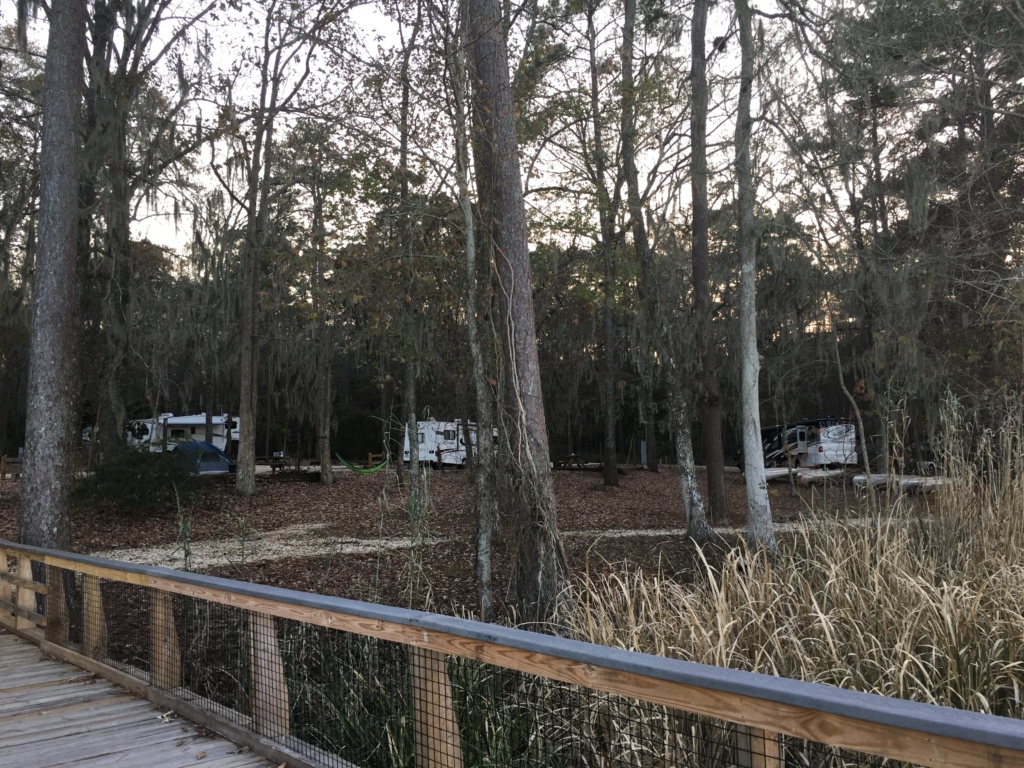 RVs parked along the lake at Three Rivers Campground.