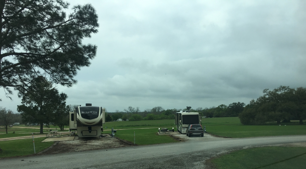 View of front of campsites at Thousand Trails in Columbus, Texas
