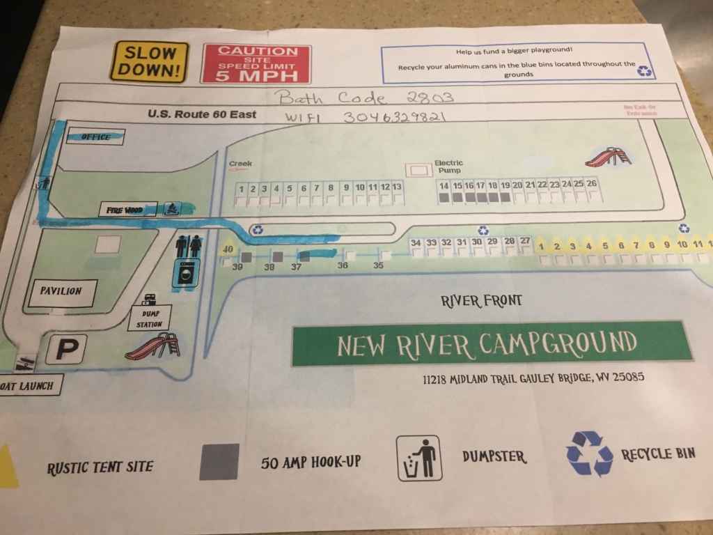 Campground map for New River Campground in Gauley Bridge, WV