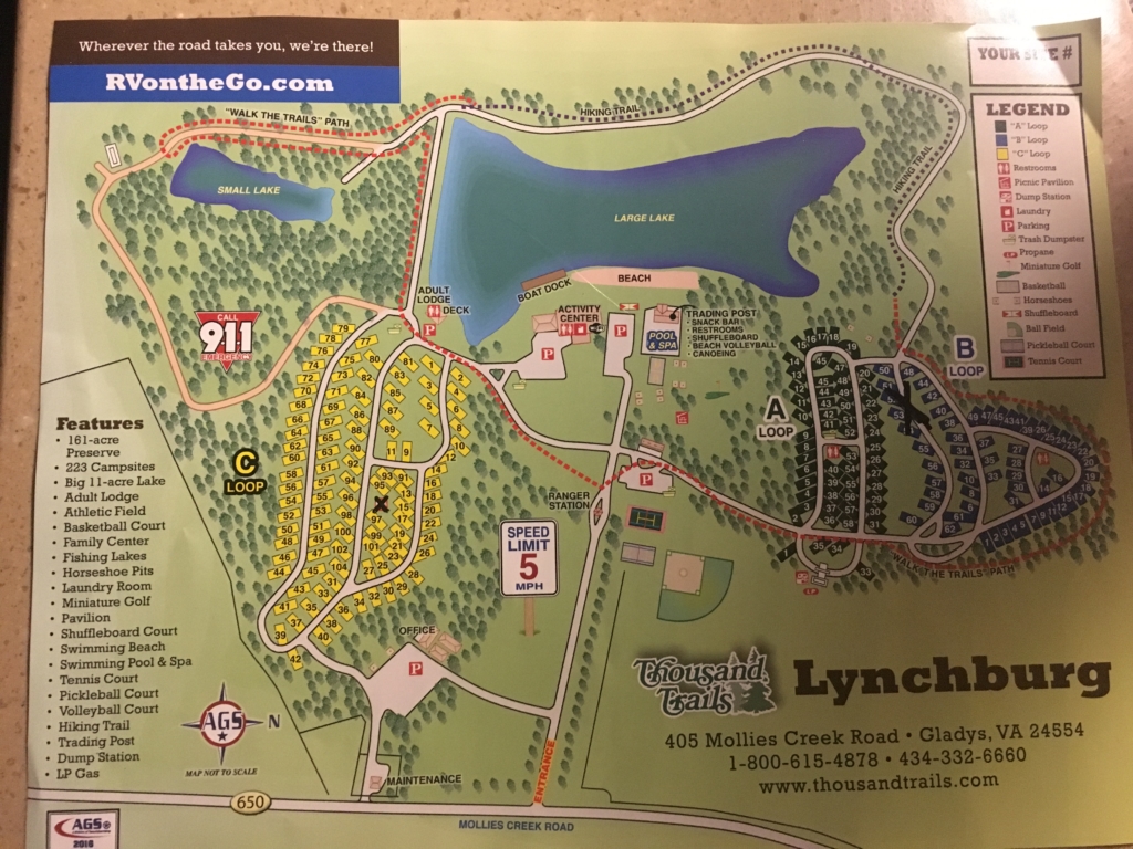 Campground map for Thousand Trails Campground in Lynchburg, Virginia