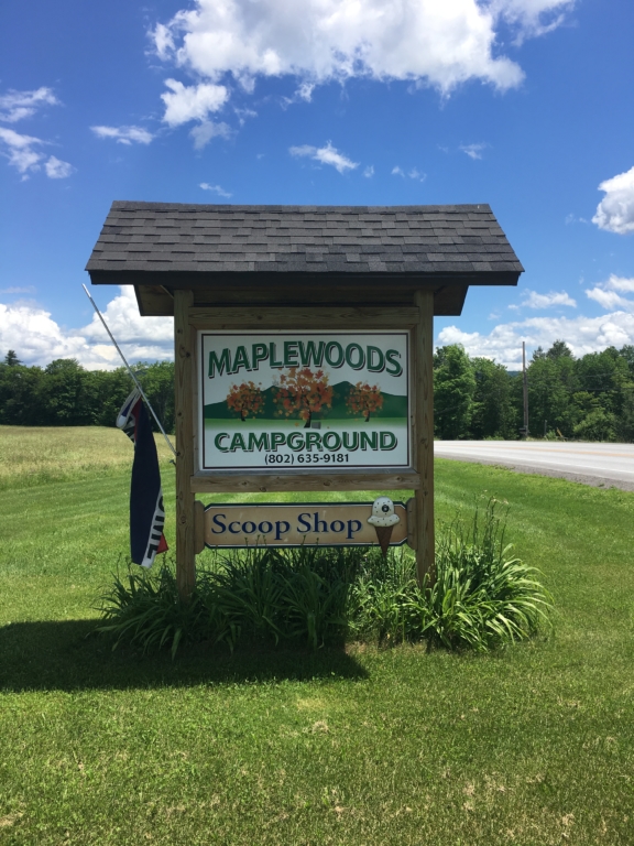 Sign for Maplewoods Campground in Johnson, Vermont