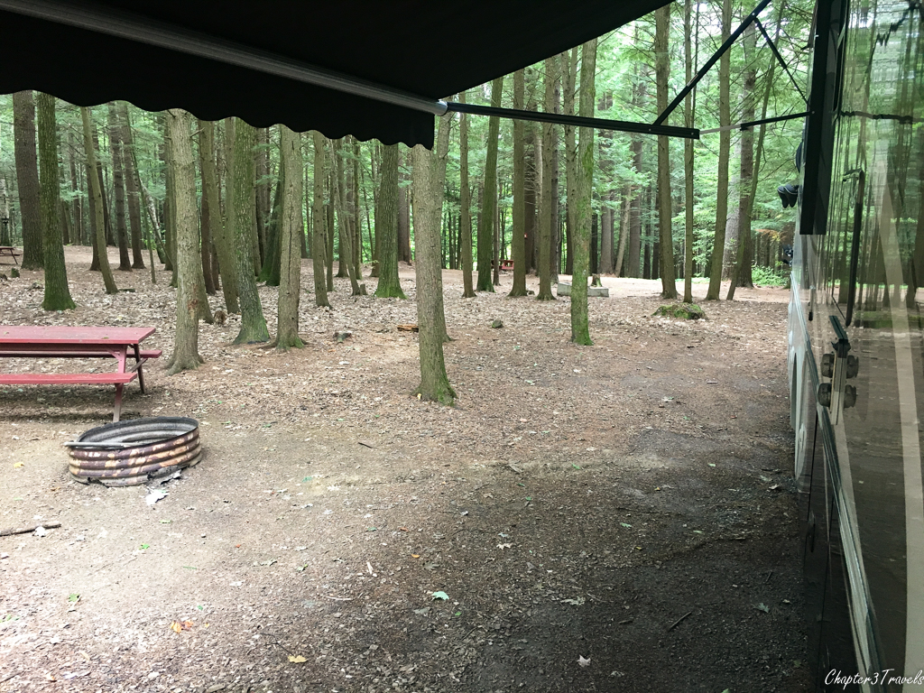 Heavily wooded campsites at Crown Point Camping Area in Perkinsville, Vermont